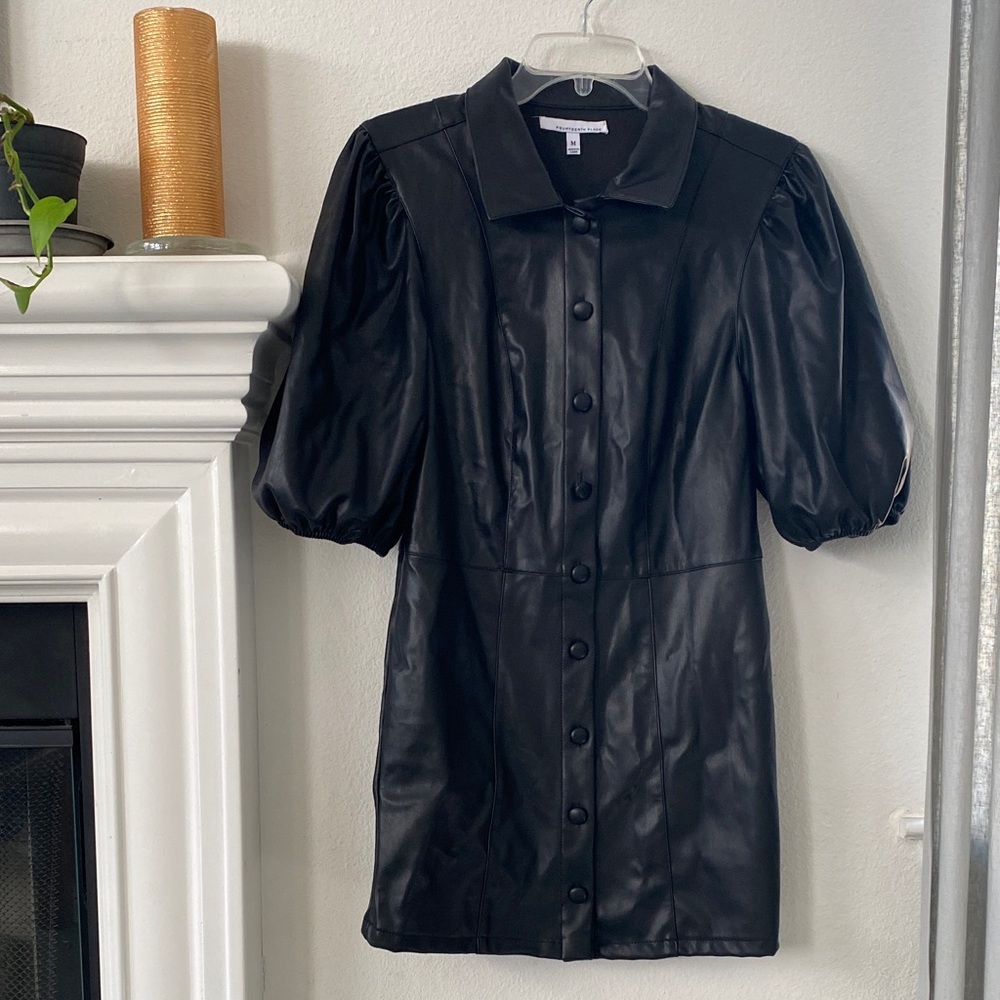 Elegant Faux Leather Black Puff Sleeve Dress